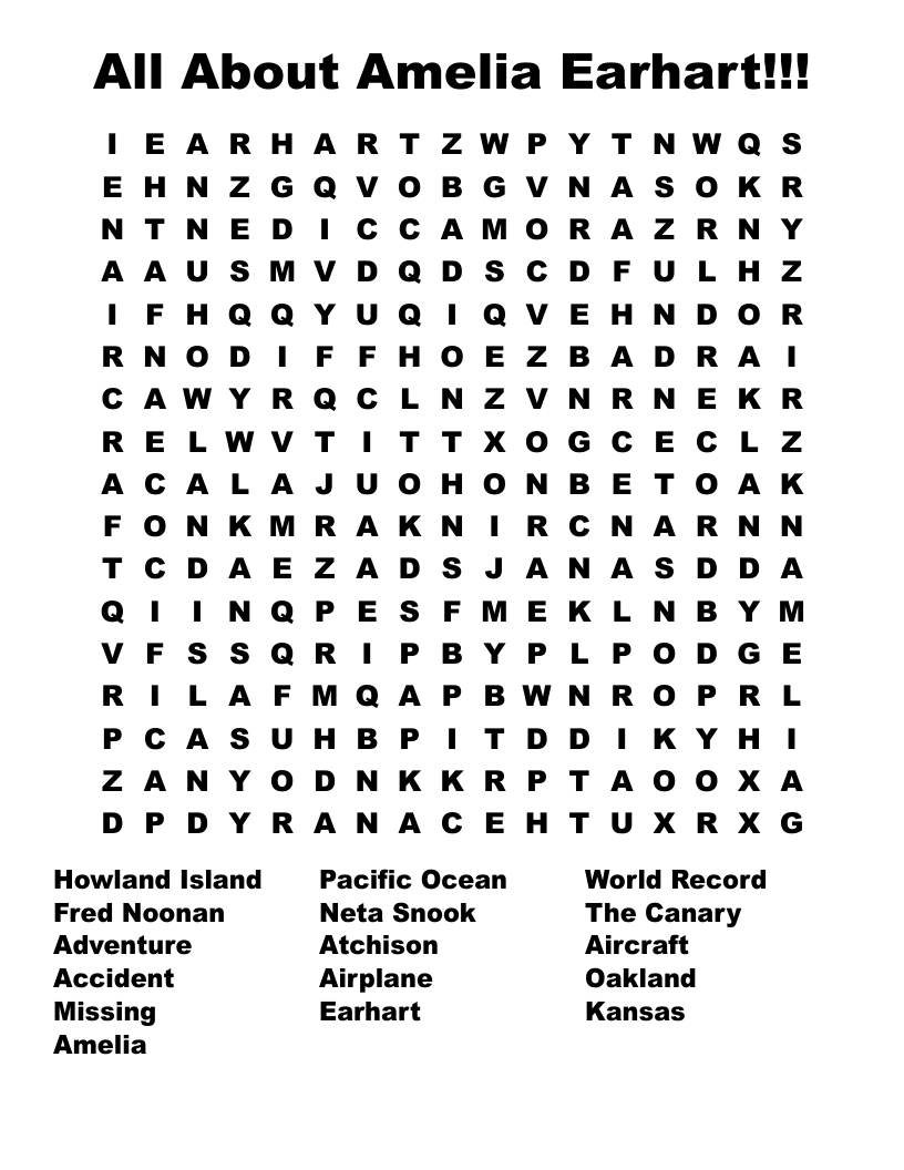 All About Amelia Earhart!!! Word Search