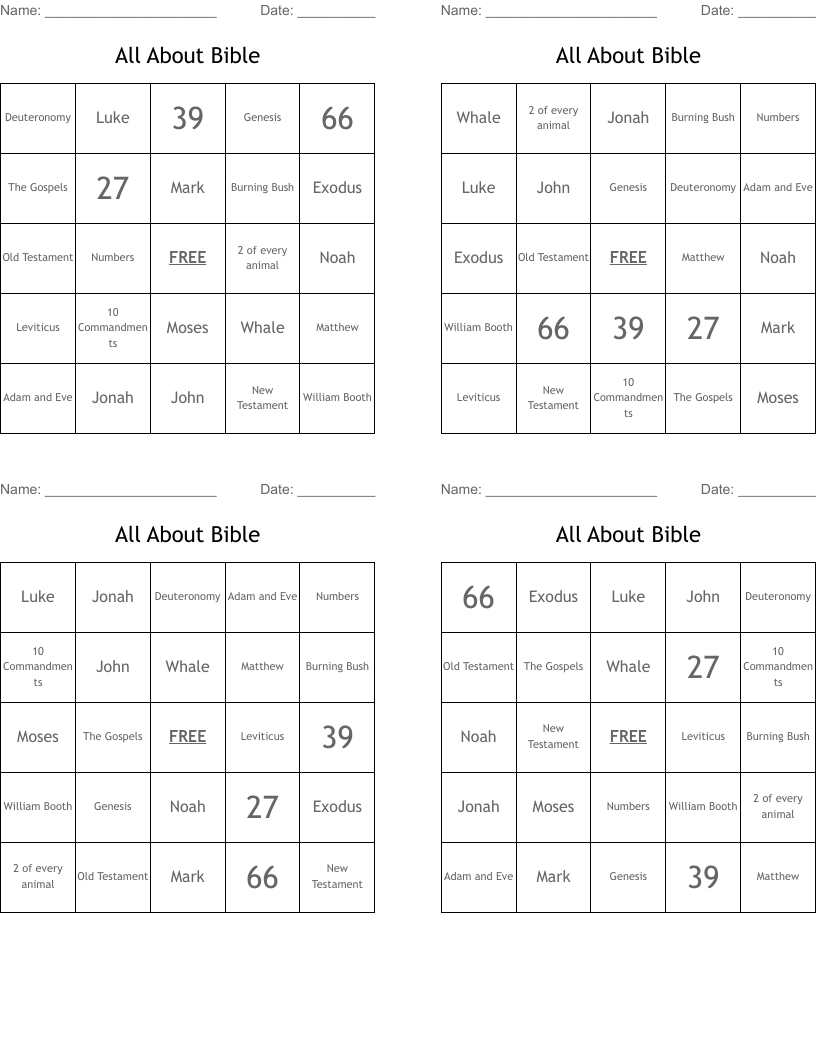 All About Bible Bingo Cards