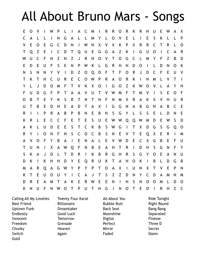 All About Bruno Mars - Songs Word Search