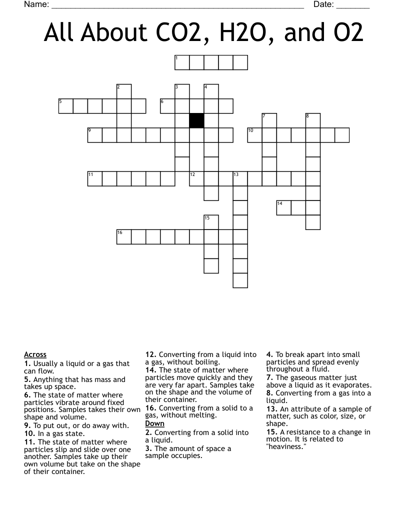 All About CO2, H2O, and O2 Crossword