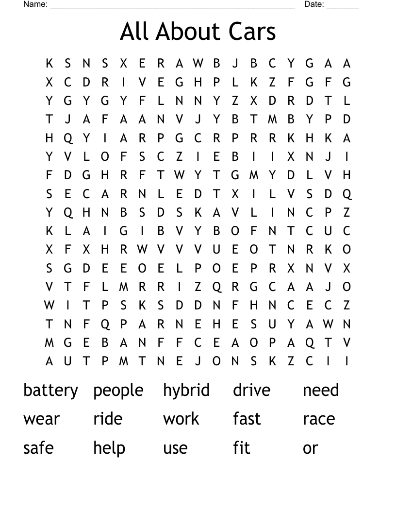 All About Cars Word Search