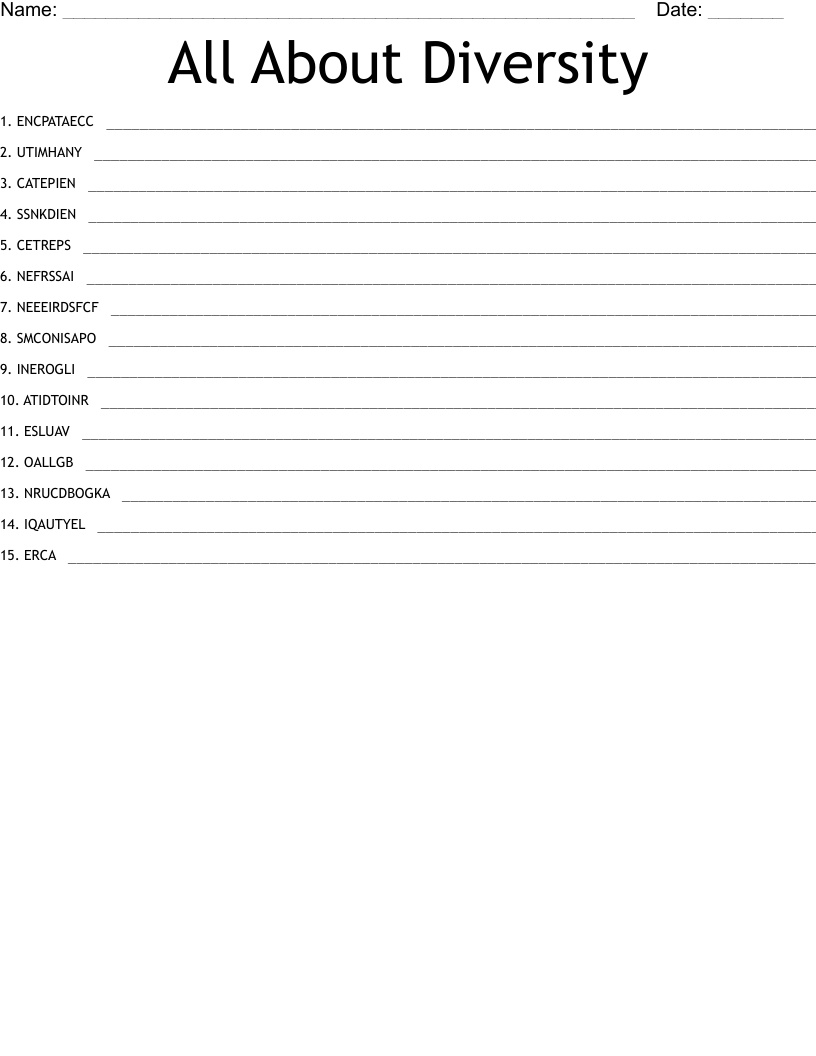All About Diversity Word Scramble