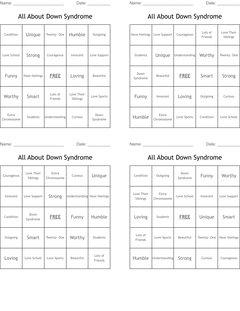 All About Down Syndrome Bingo Cards