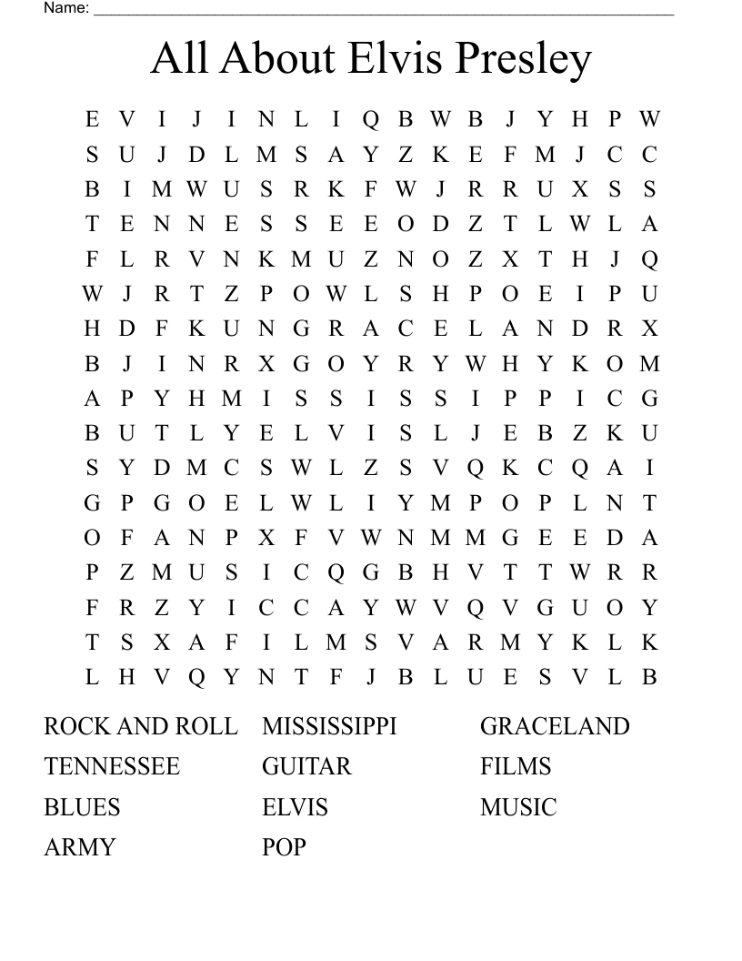 All About Elvis Presley Word Search