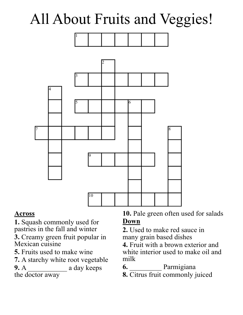 All About Fruits and Veggies! Crossword