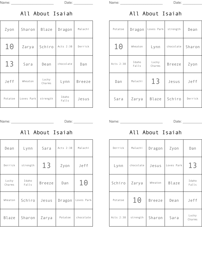 All About Isaiah Bingo Cards