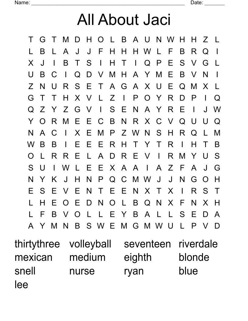 All About Jaci Word Search
