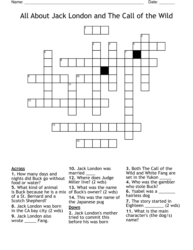 All About Jack London and The Call of the Wild Crossword