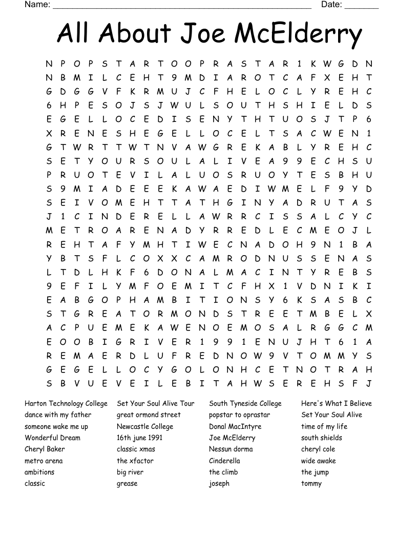 All About Joe McElderry Word Search