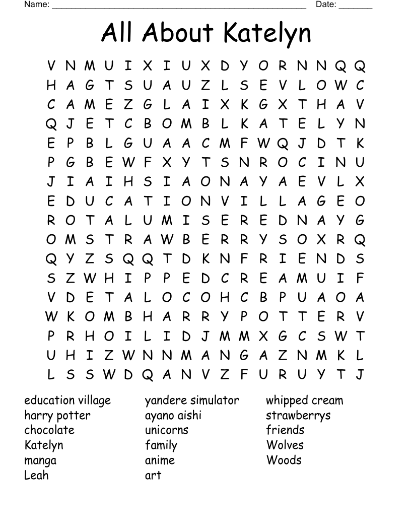 All About Katelyn Word Search