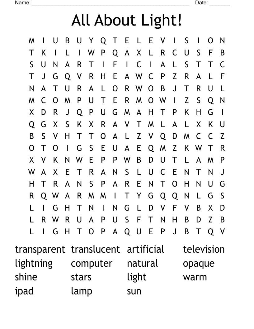 All About Light! Word Search