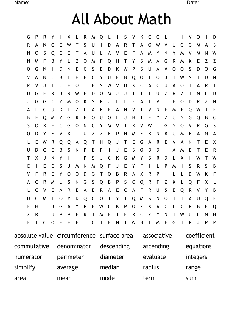 All About Math Word Search