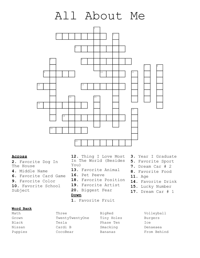 All About Me Crossword