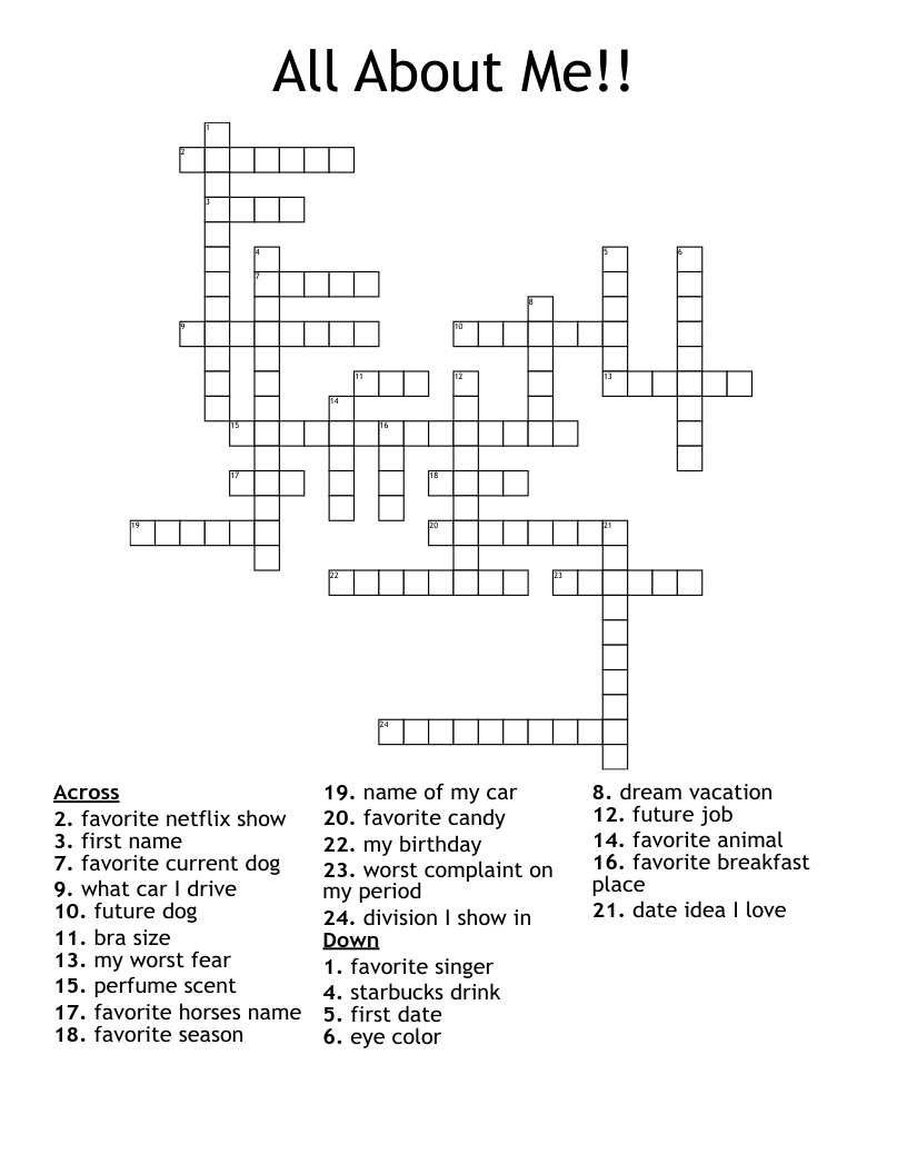 All About Me!! Crossword