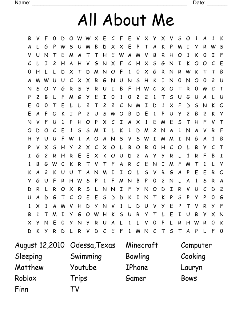 All About Me Word Search