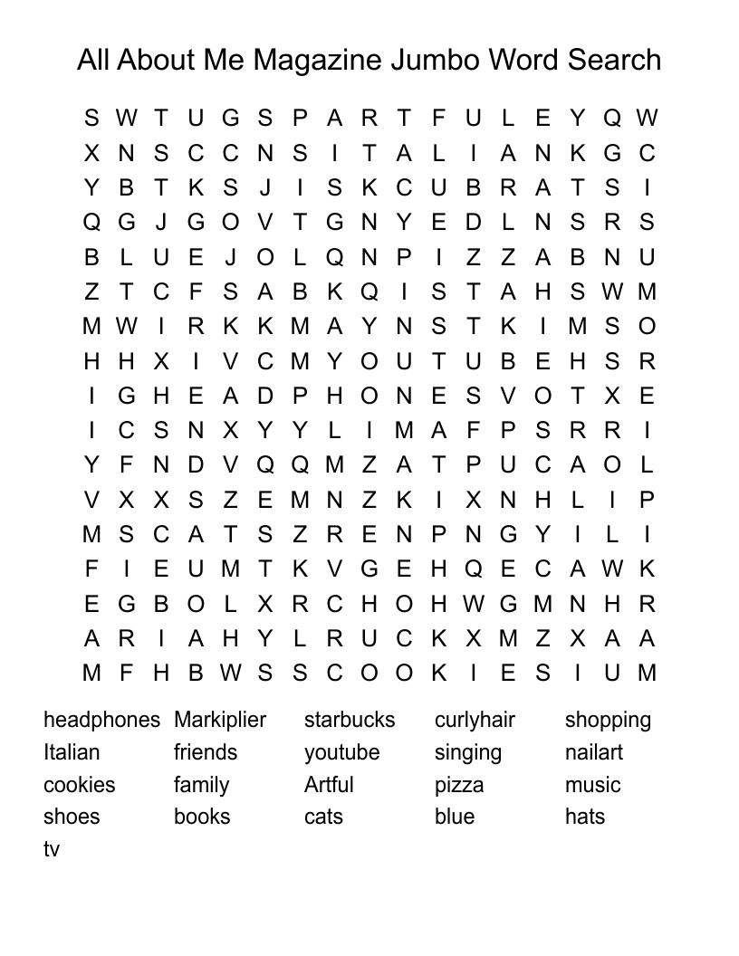 All About Me Magazine Jumbo Word Search