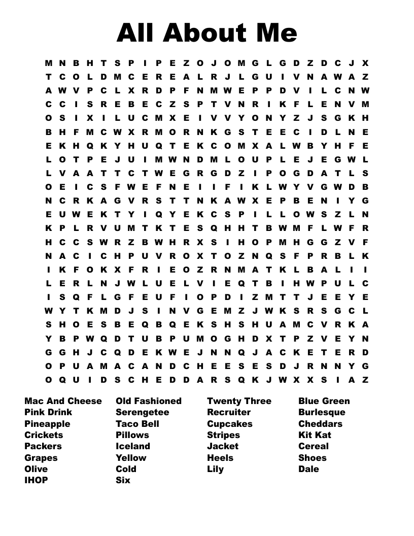 All About Me  Word Search