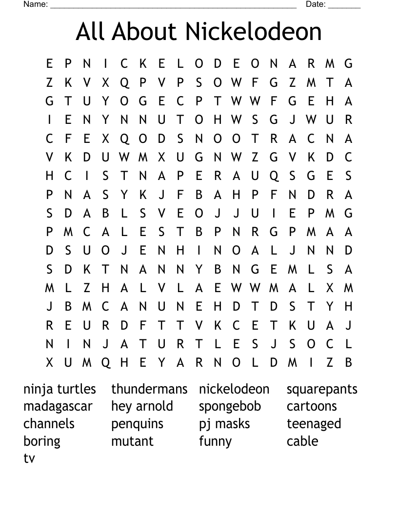 All About Nickelodeon Word Search