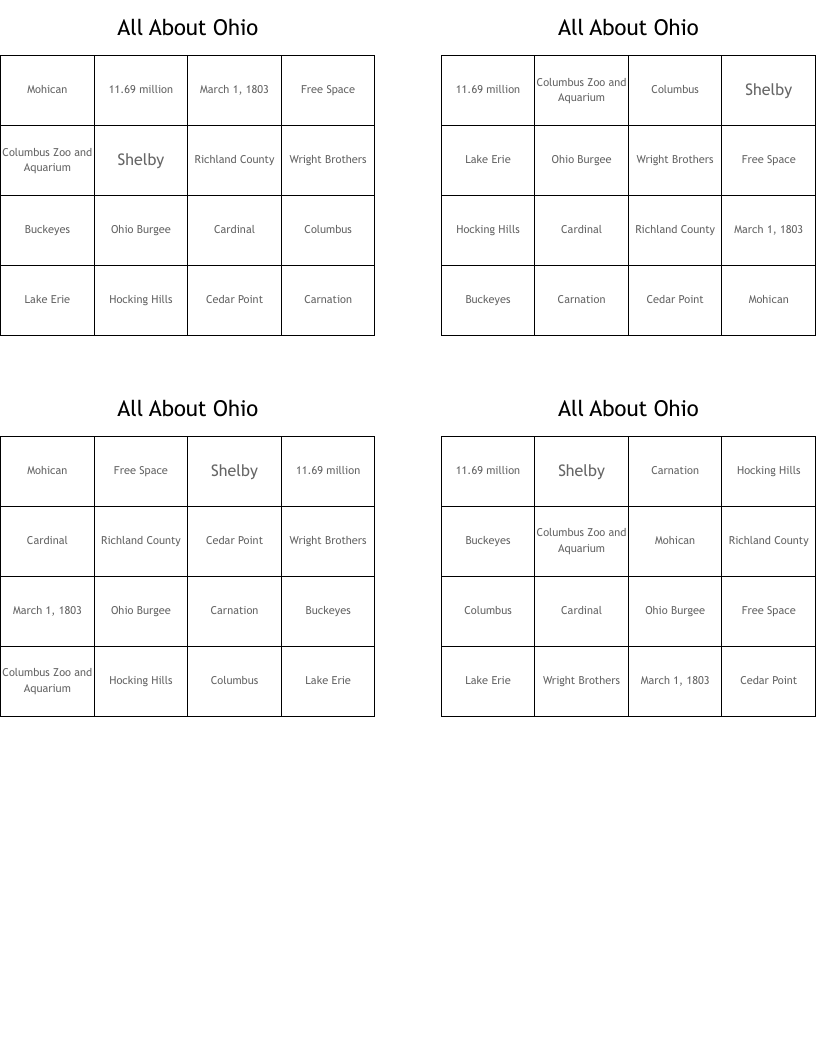 All About Ohio Bingo Cards
