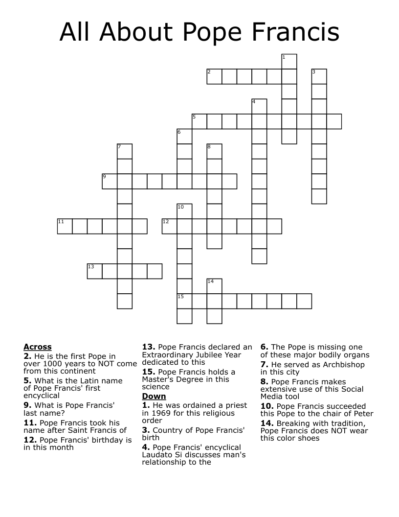 All About Pope Francis Crossword