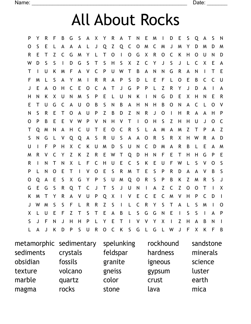 All About Rocks Word Search