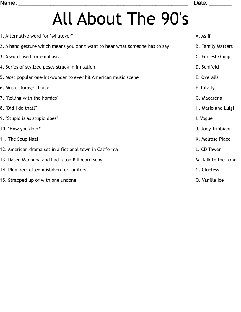 All About The 90's  Worksheet