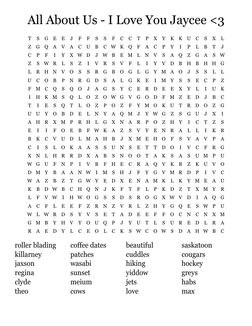 All About Us - I Love You Jaycee <3  Word Search