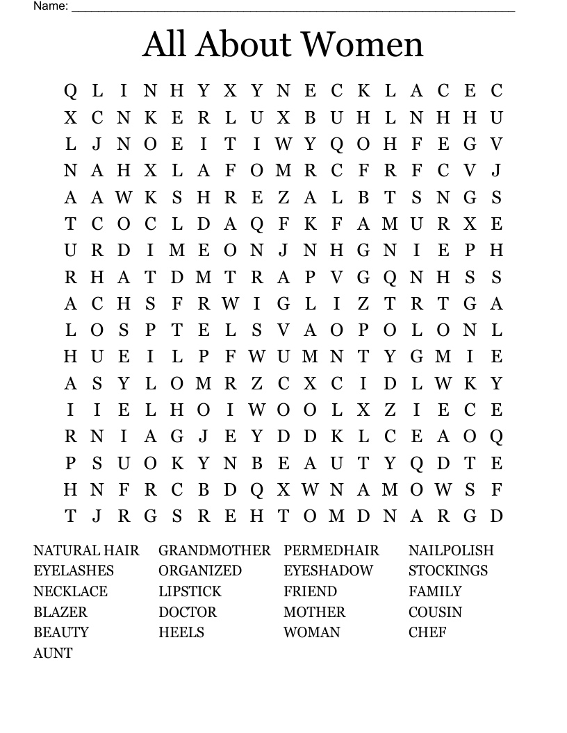 All About Women Word Search