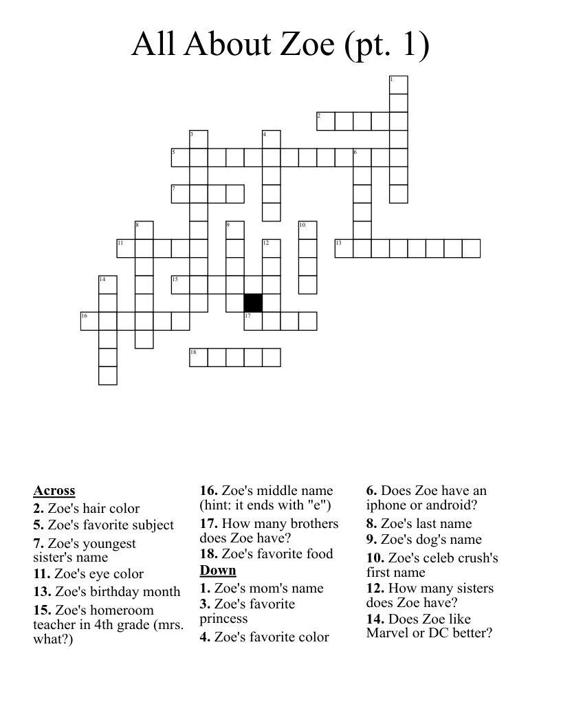 All About Zoe (pt. 1) Crossword