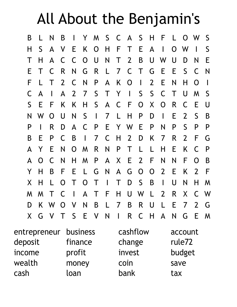 All About the Benjamin's Word Search