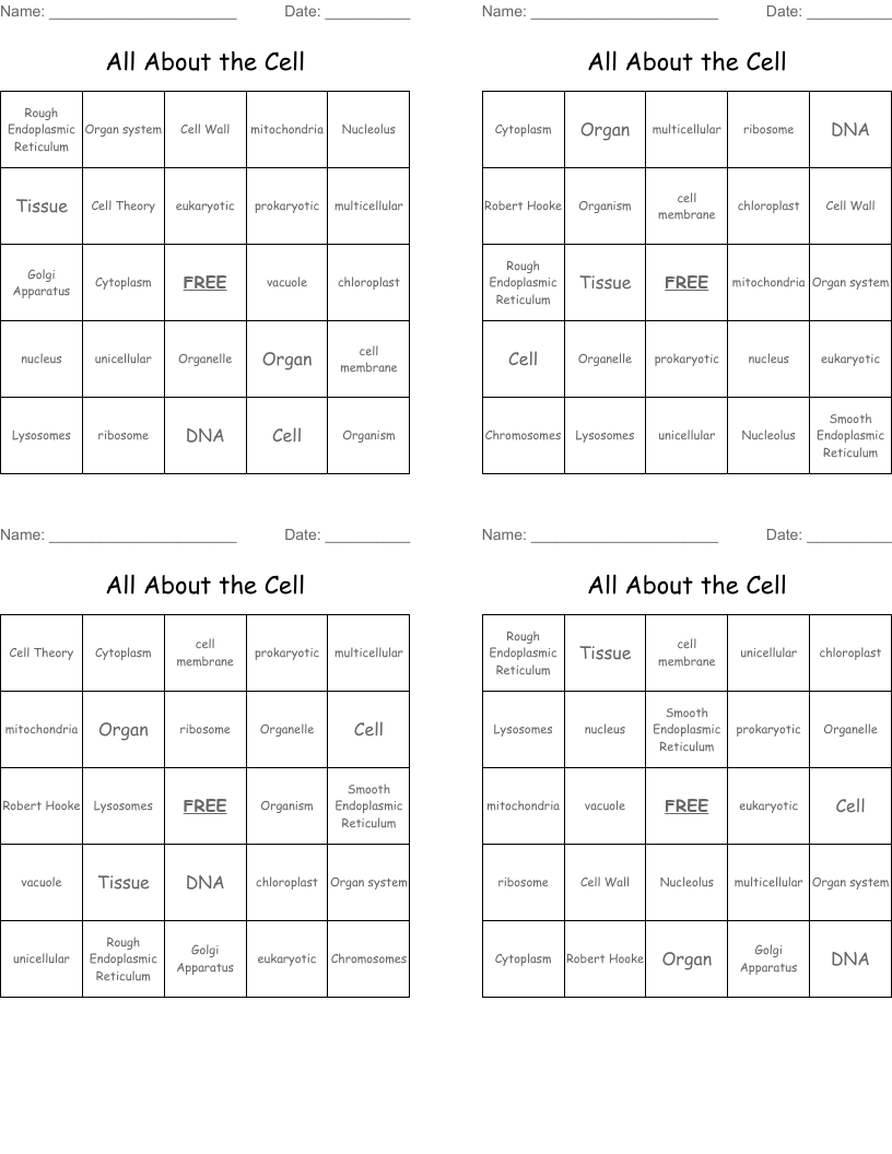 All About the Cell Bingo Cards