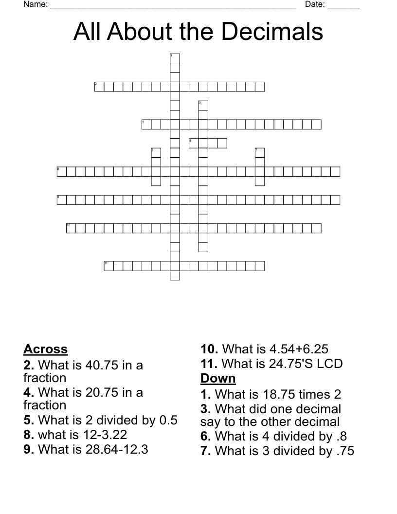 All About the Decimals Crossword