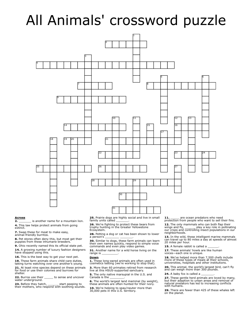 All Animals' crossword puzzle