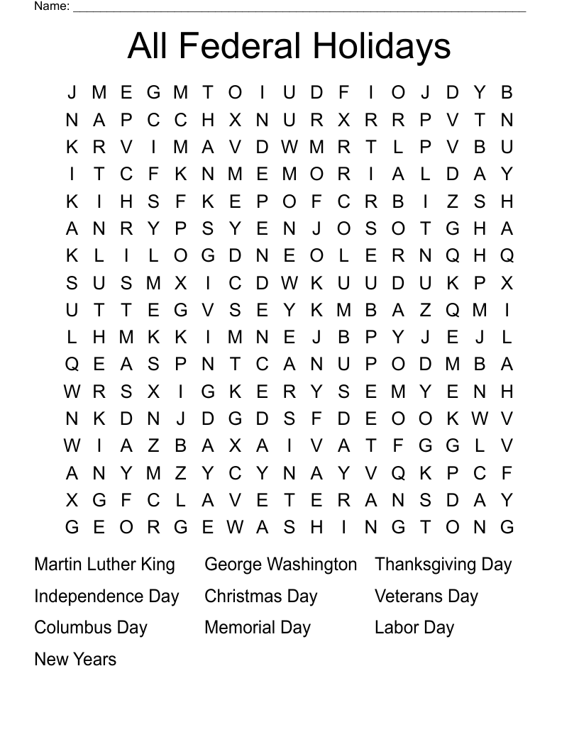 All Federal  Holidays Word Search