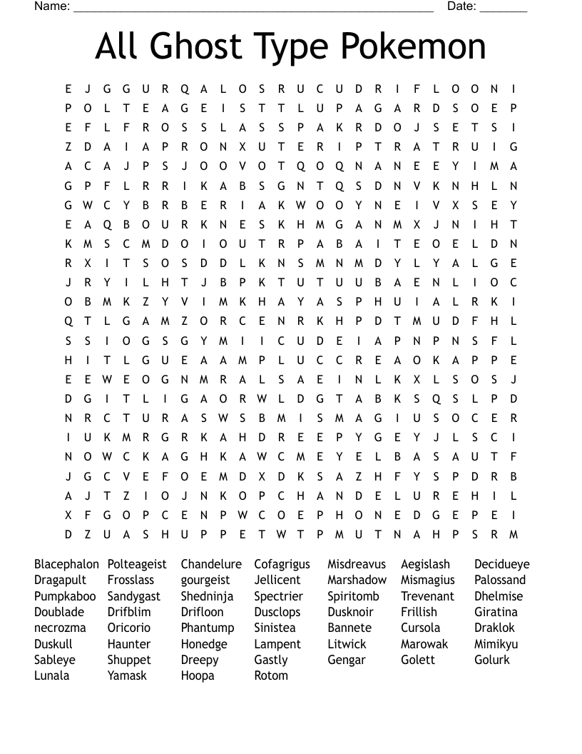 All Ghost Type Pokemon Word Search