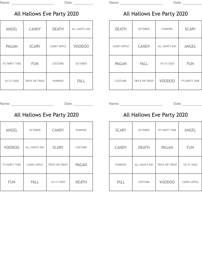 All Hallows Eve Party 2020 Bingo Cards