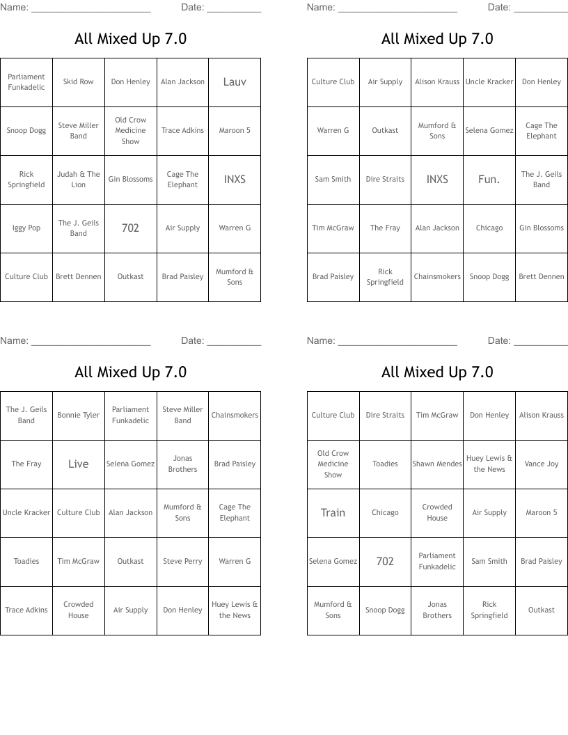 All Mixed Up 7.0 Bingo Cards