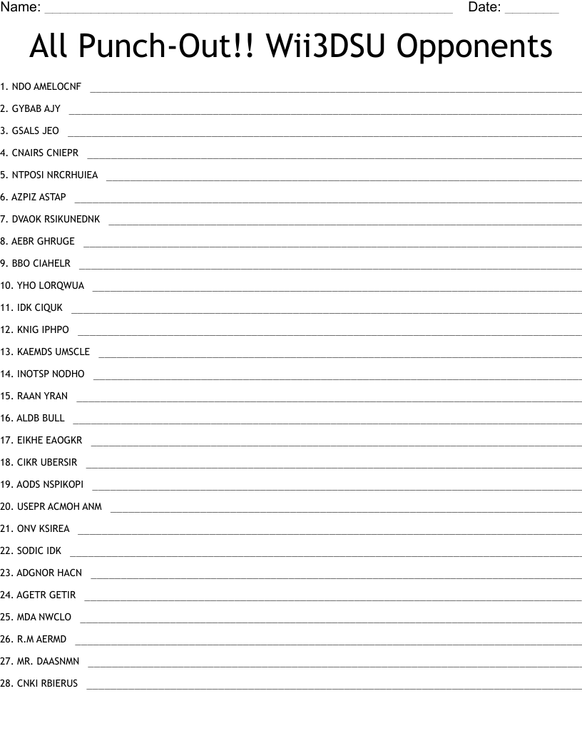 All Punch-Out!! Wii3DSU Opponents Word Scramble
