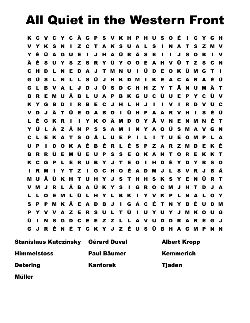 All Quiet in the Western Front Word Search