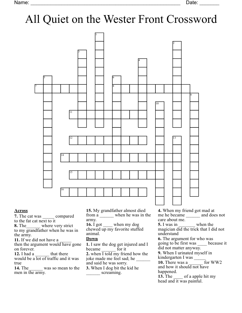 All Quiet on the Wester Front Crossword