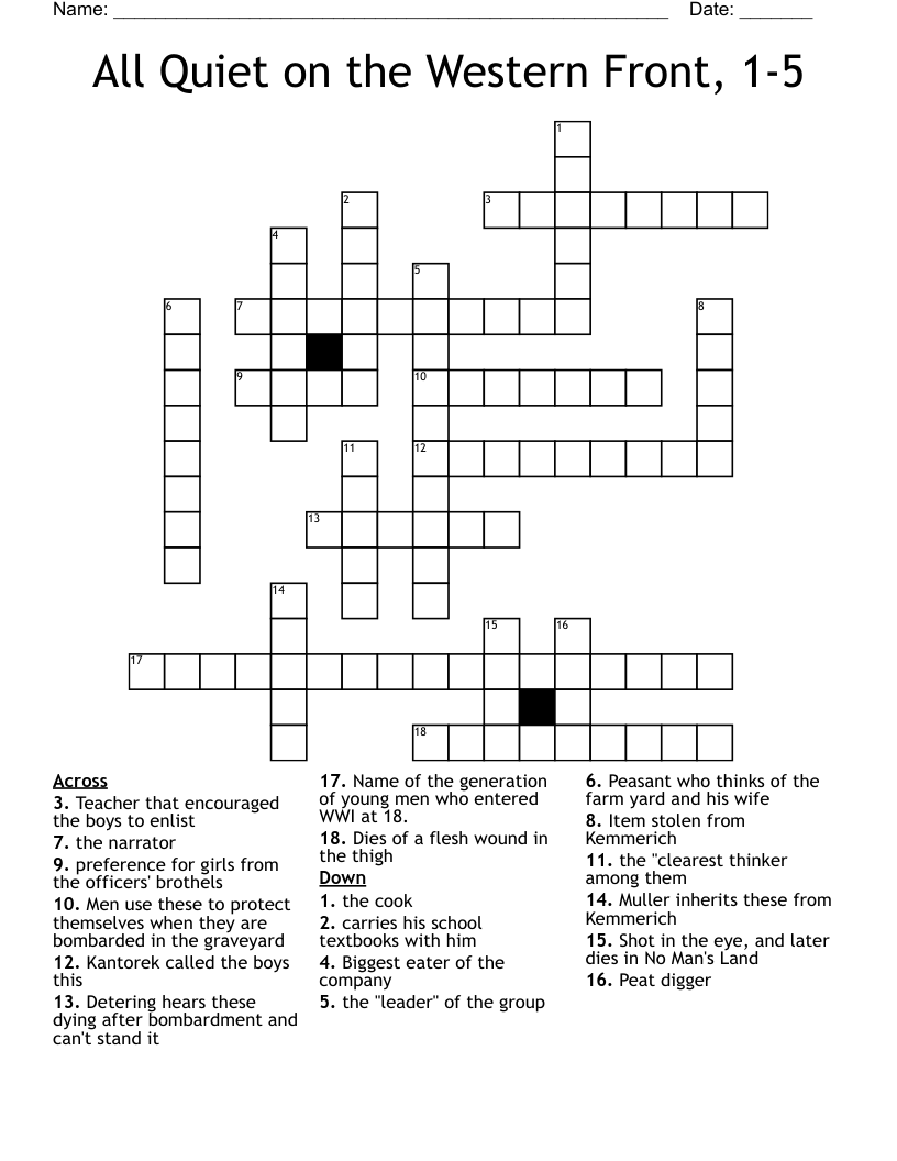 All Quiet on the Western Front, 1-5 Crossword