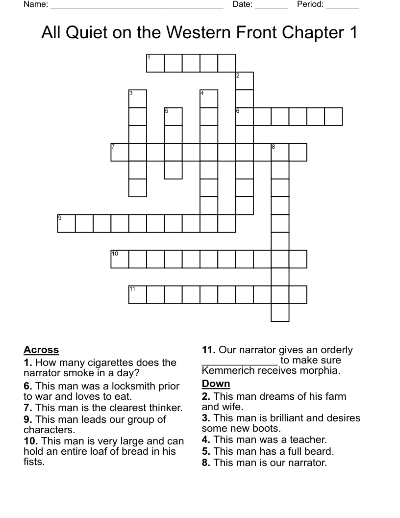 All Quiet on the Western Front Chapter 1 Crossword