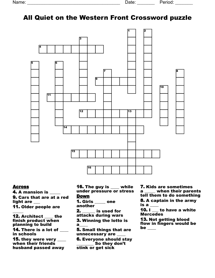 All Quiet on the Western Front Crossword puzzle 