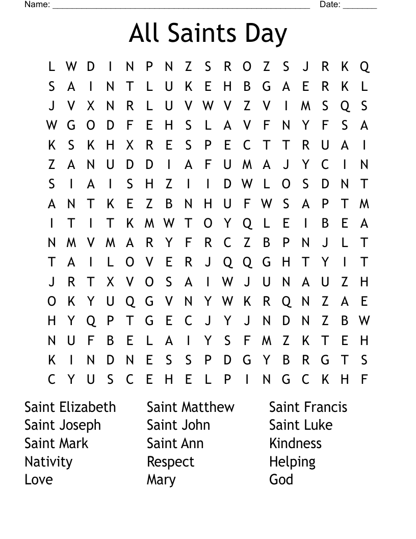 All Saints Day Word Search