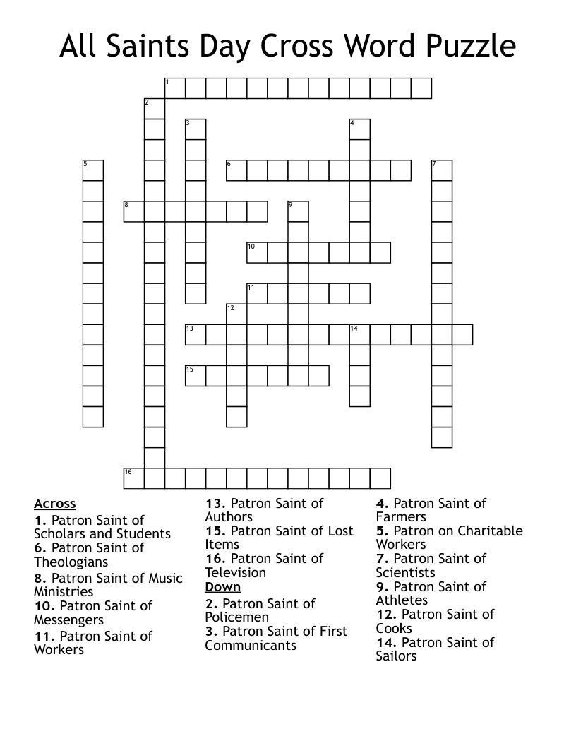 All Saints Day Cross Word Puzzle