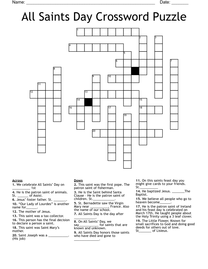 All Saints Day Crossword Puzzle