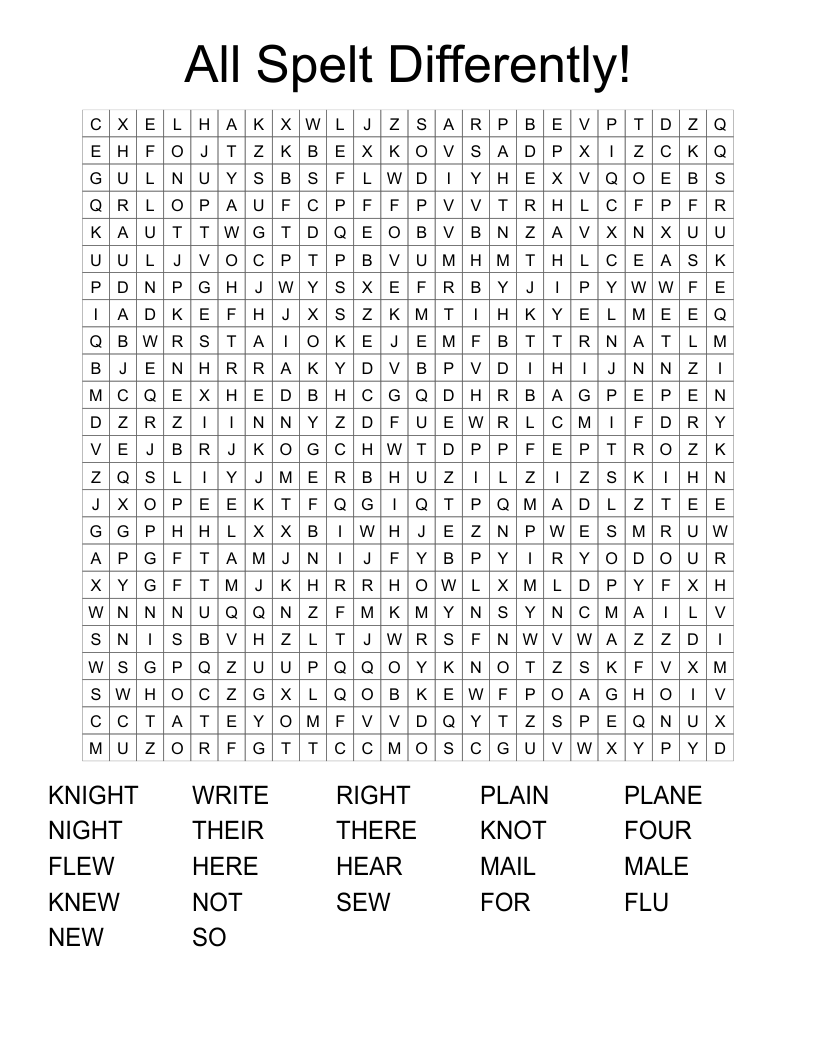 All Spelt Differently! Word Search
