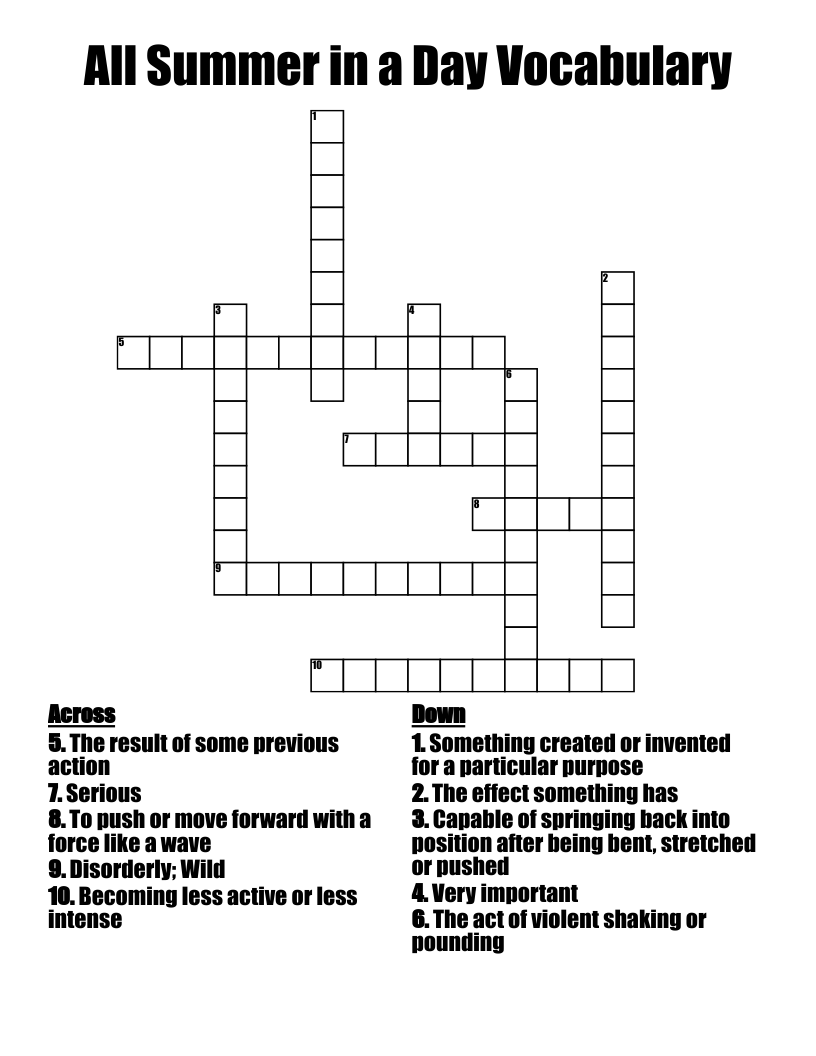All Summer in a Day Vocabulary Crossword