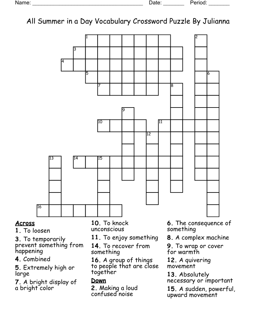 All Summer in a Day Vocabulary Crossword Puzzle By Julianna