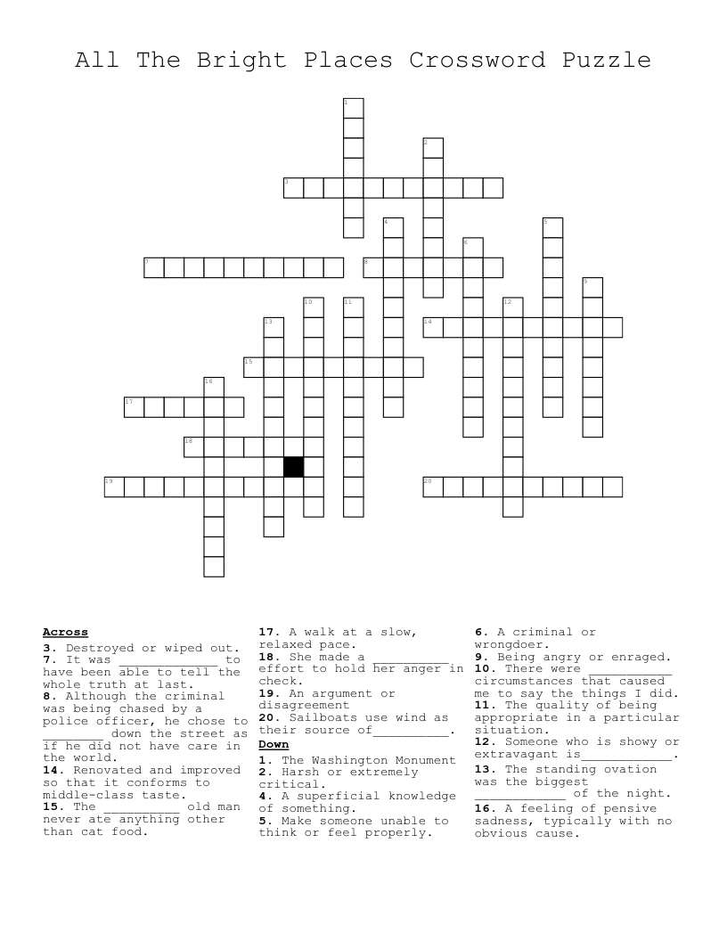 All The Bright Places Crossword Puzzle